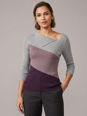 Purple Gray Colourblock Pleated Pleats Springy Stretchy Long Sleeve Top - Small